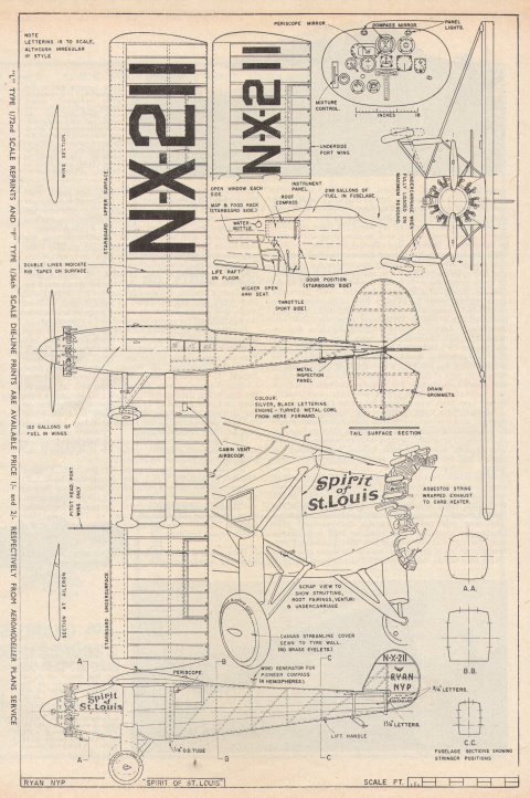 RYAN NYP Spirit of St.Louis - 1/72 drawing, Аэромоделлер, 1957 июнь